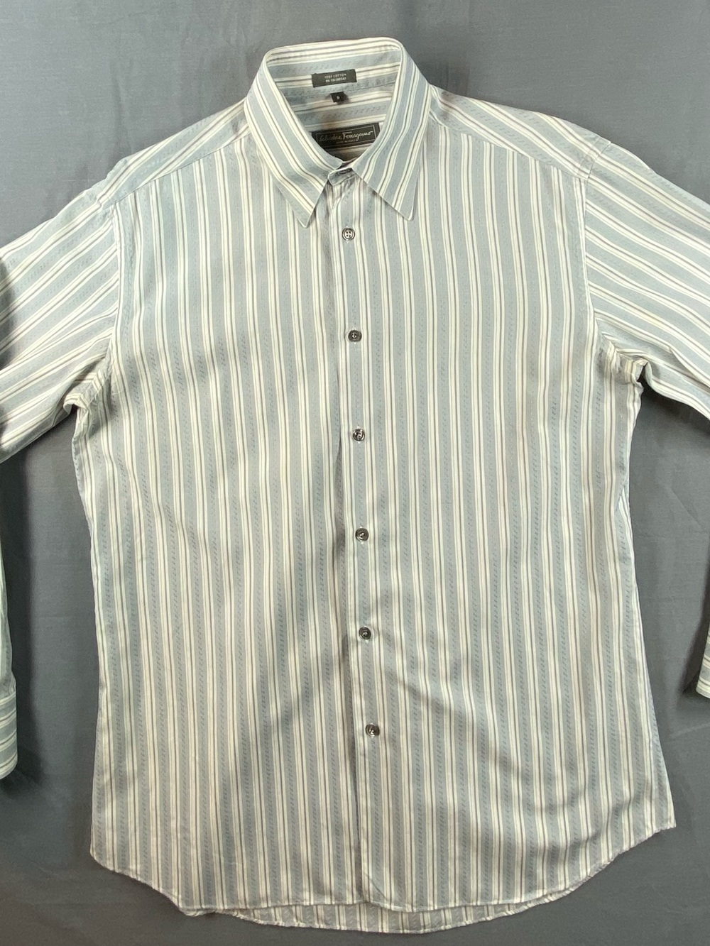 Vintage Salvatore Ferragamo Light Blue and White Vertical Stripe Dress Shirt S